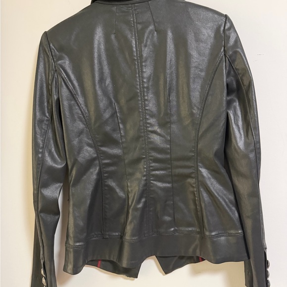Women's Double-Breasted Coated Black Denim Jacket - looks like leather - Picture 9 of 16